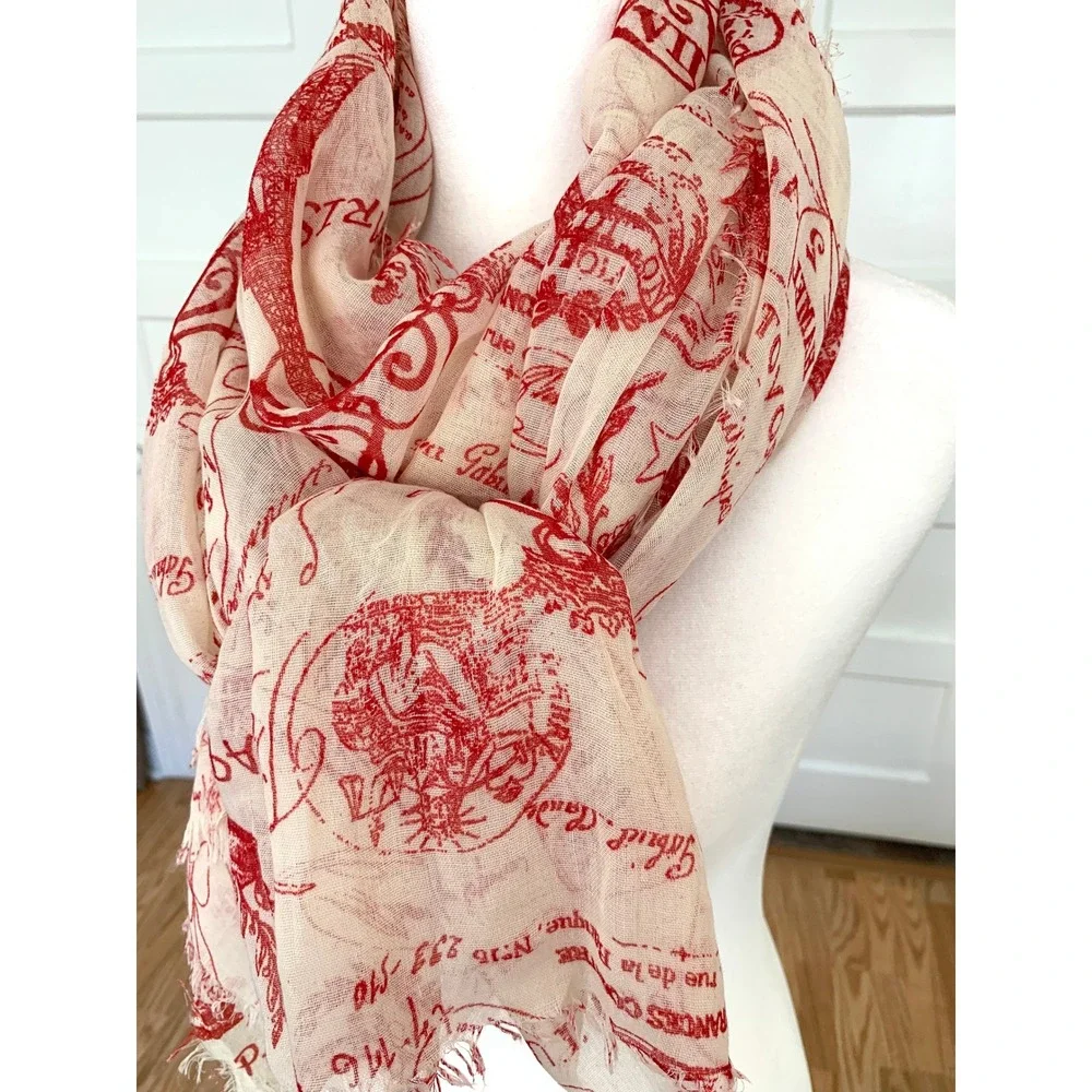 Parisian Sheer Scarf Eiffel Tower Postmarks Crowns Red Ivory 45x68 Travel Wrap